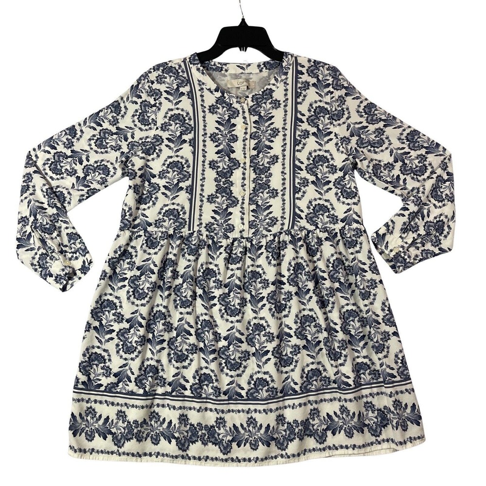 LOFT White and Navy Floral Midi Dress